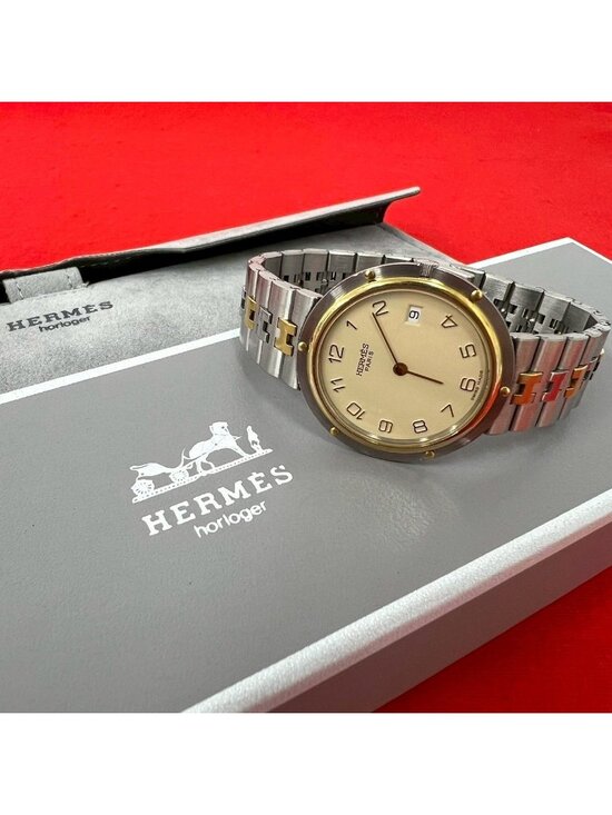 Hermes Clipper Stainless Steel Quartz Watch Wrist Silver Gold display picture 1